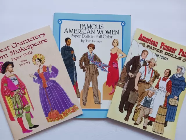 3 Tom Tierney Paper Doll Books Shakespeare Famous American Women Pioneer Family