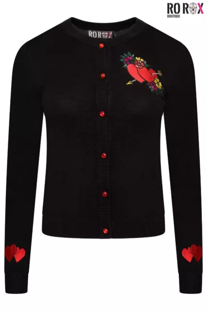 Ro Rox Heart Cardigan Leana Rockabilly Embroidery Knitted Long Sleeve