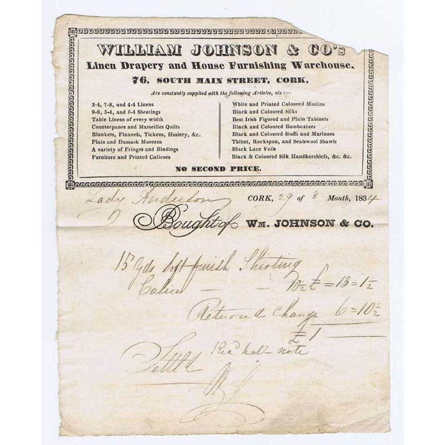 1834 Billhead, William Johnson & Co, Linen Drapery, South Main St, CORK