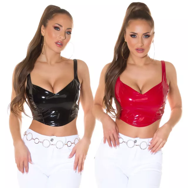 Latex Look Crop Top Corset Style Bustier Wetlook Sweetheart Back Zip - Black Red