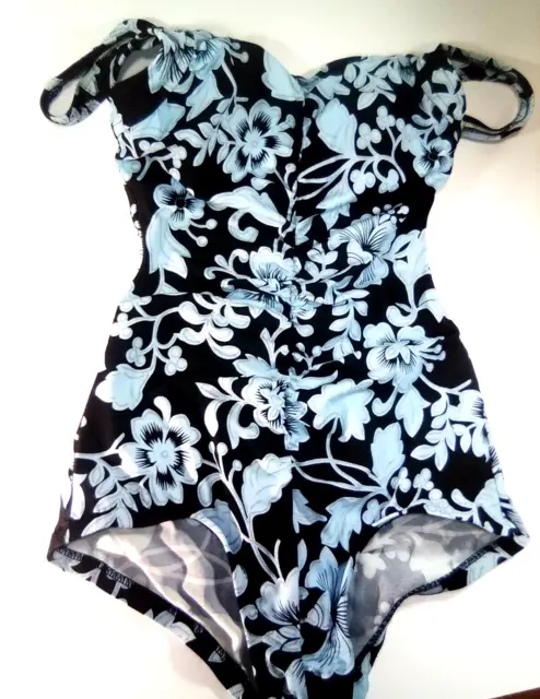 Rose Marie Reid Swimsuit 12 Womens Black Blue Flowers Bathing Slimming Pleated
