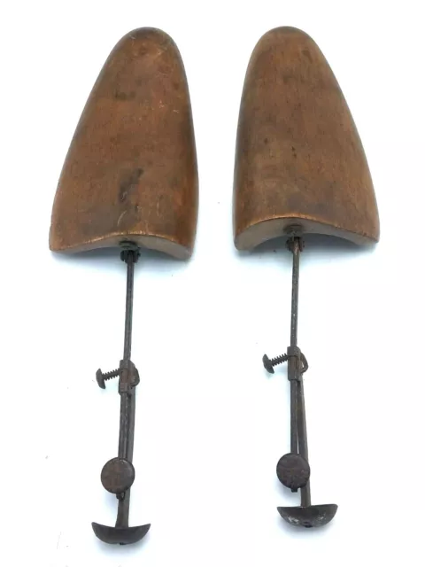 Vtg Antique Wood & Metal Cobbler Shoe Form Tree Stretchers Set of 2 Adjustable