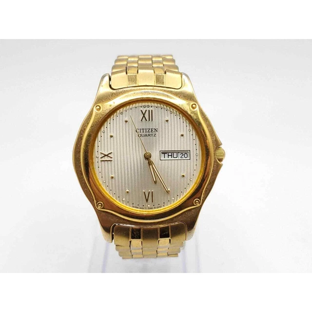 VINTAGE CITIZEN QUARTZ Watch Mens New Battery Gold Tone Day/Date Dial
