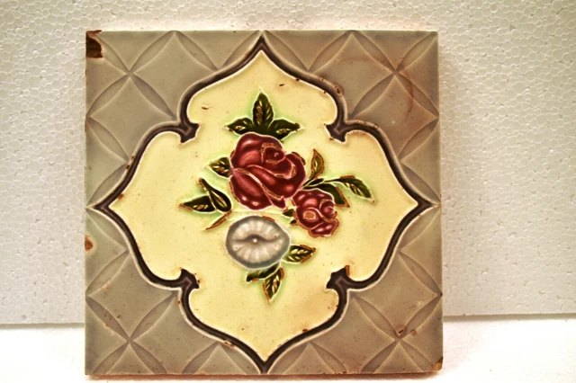 Antique Tile Japan Majolica Art Nouveau Porcelain Floral Rose Architecture "J75 2