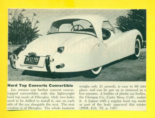 1952 JAG Owners Hard Top Converts Convertible Vintage Print Ad SV2.
