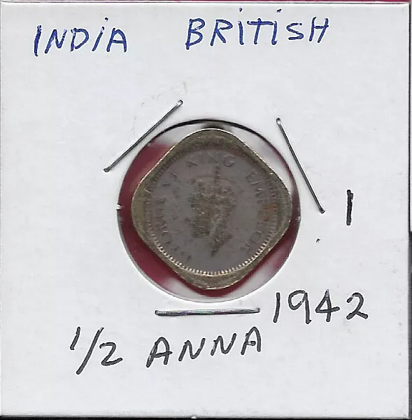 India British 1/2 Anna=1/32 Rupee 1942. Ruler King George Vi Crowned Head Left,E