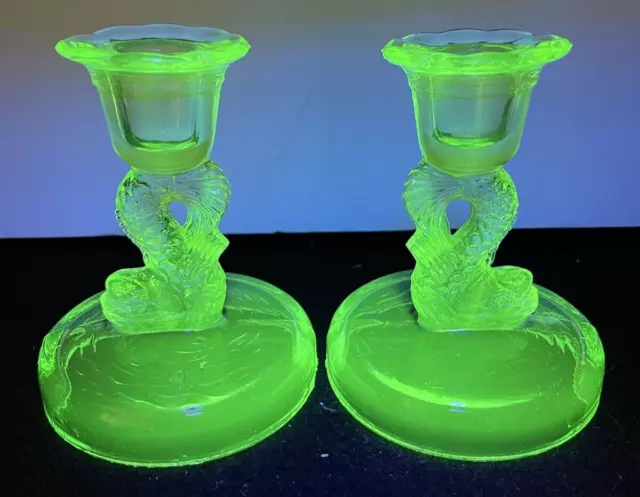 Rare Tiffin Uranium Glass Koi Dolphin Candlestick Holders Vaseline Glass