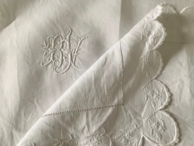 Antique Vintage French Pillow Sham Embroidered White Linen Monogram BV