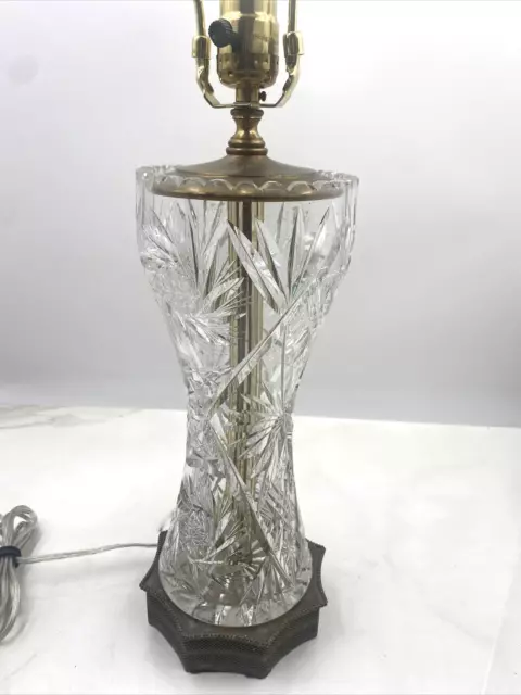 Vintage Crystal Cut Glass Table Lamp Brass Gold Base Hollywood Regency 26”