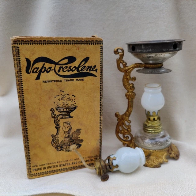 Antique Vapo Cresolene Oil Lamp Vaporizer in Original Box w/ Extra Parts 1880s