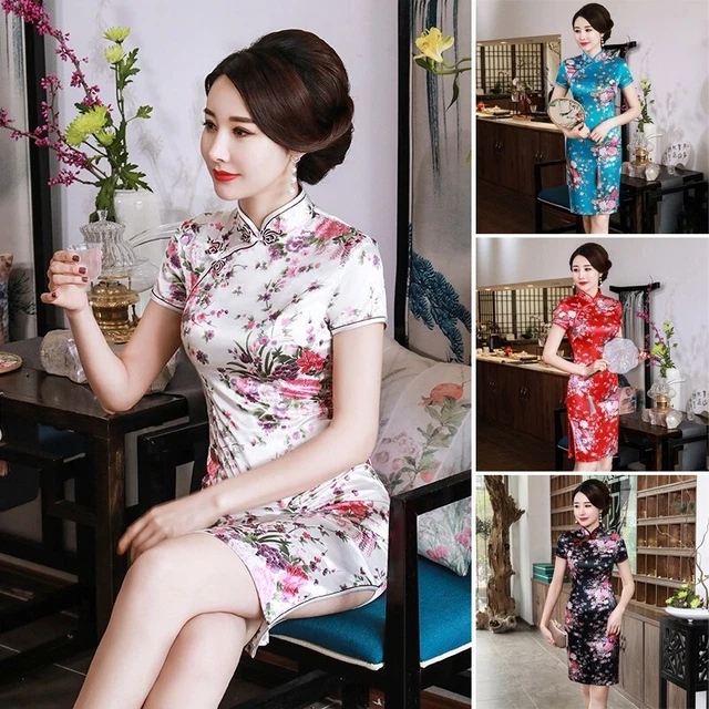 Abito Donna Cheongsam Serata Collare In piedi Moda Cheongsam Tradizionale