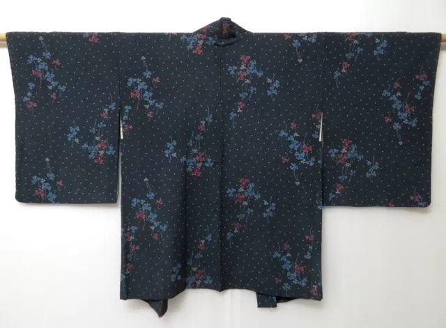 0518T10z470 Vintage Japanese Kimono Silk HAORI Dark gray Clover