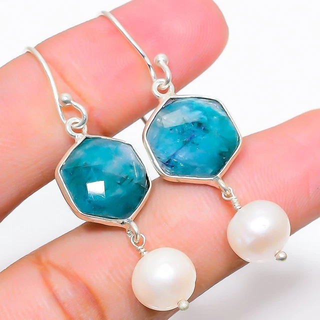Green Jade, Pearl Gemstone 925 Sterling Silver Jewelry Earring 1.85 " F046