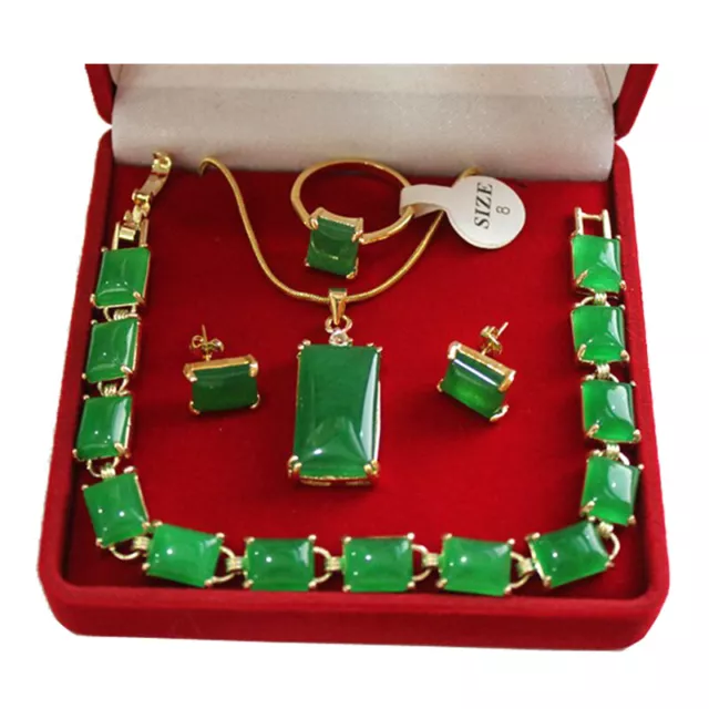 Green Jade 18K Gold Plated Necklace Ring Earrings Bracelet Wedding Jewelry Set