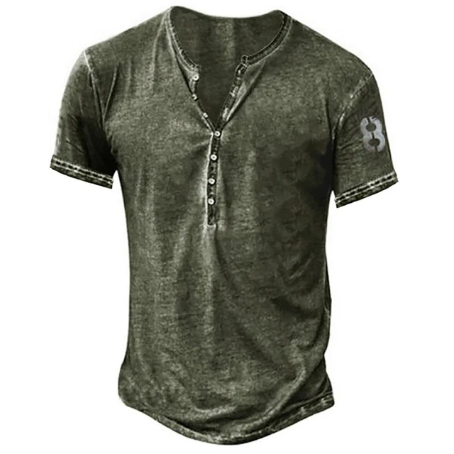 Vintage da Uomo Manica Corta T-Shirt Casual Largo V Bottoni Collo Top Muscolo 2