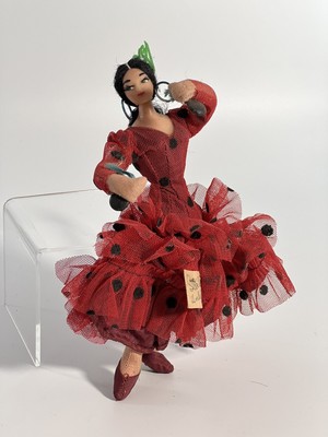 Vintage Spanish Doll Flamenco Dancer Red and Black Polka Dot Dress 7.5