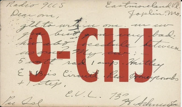 Vintage Ham Radio Qsl Cards 1923  9 - Chj   Joplin, Mo.