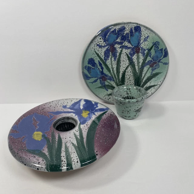 2 Studio Art Pottery IKEBANA FROG Bud VASES MCM IRIS Signed Wall Hanging EUC