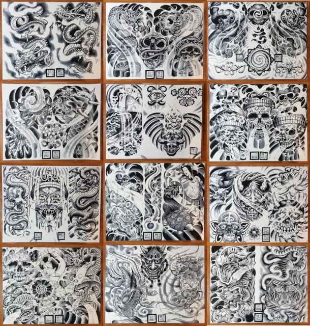 Boog Raro Estilo Tradicional Japonés Tatuaje Flash Set 12 Hojas 11x14 Negro Gris
