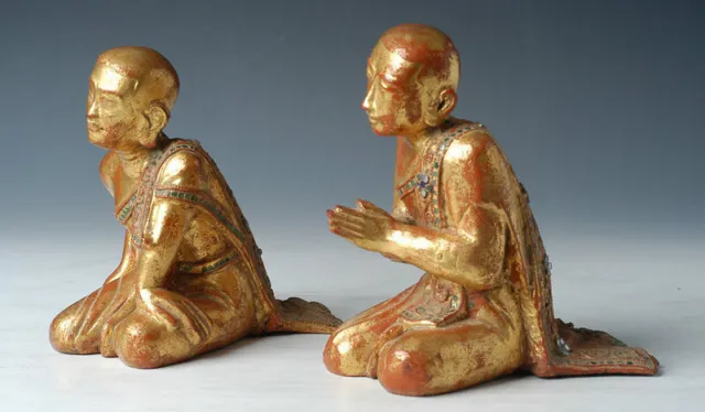 19th Century, Mandalay, A Pair of Antique Burmese Wooden Seated Disciples 7