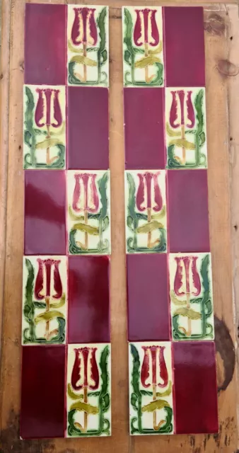 Original Set of 10 Art Nouveau Majolica Fireplace Tiles