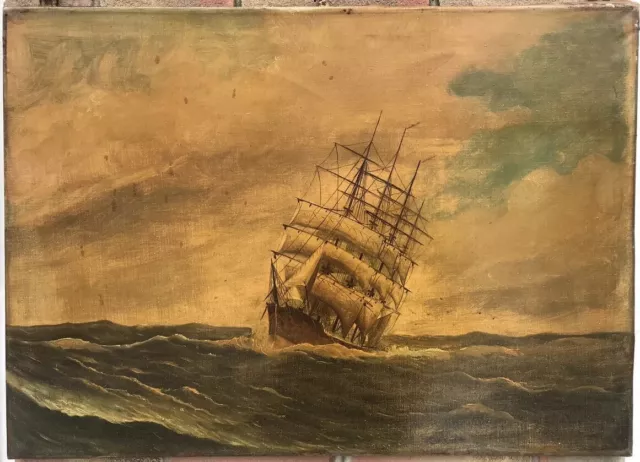 1870 Old Antique Oil Painting On Canvas Ship At Sea Signed By Artist Large 69cm
