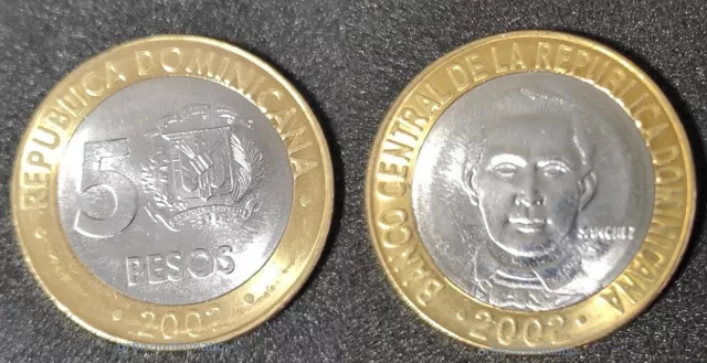Dominican Republic 5 Pesos 2002 Sanchez Unc New Bi Metallic Coin G433