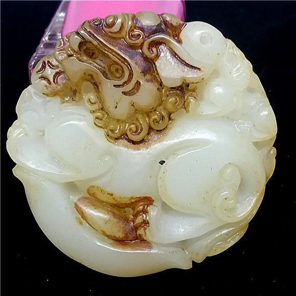 Old Chinese Natural jade White Amulet God beast jade animal statue Collection