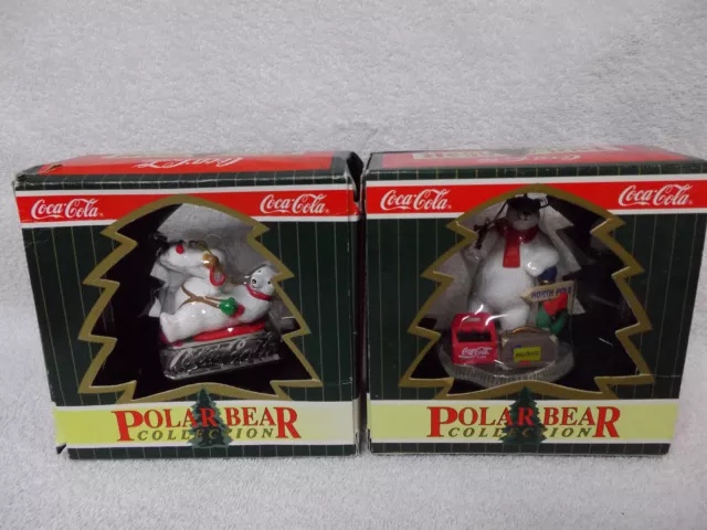 Coca Cola Christmas Ornaments Lot of 2 Polar Bear Collection Sleigh North Pole