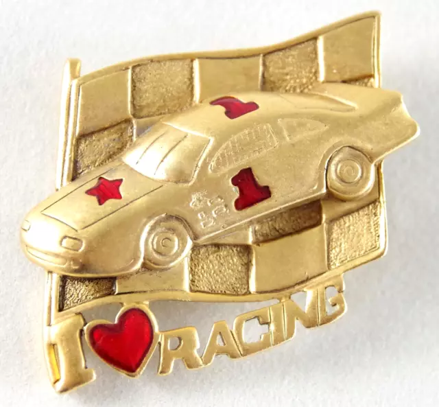 VTG c1980's DANECRAFT DIMENSIONAL "I LOVE ❤️ RACING" NASCAR RACE CAR BROOCH PIN