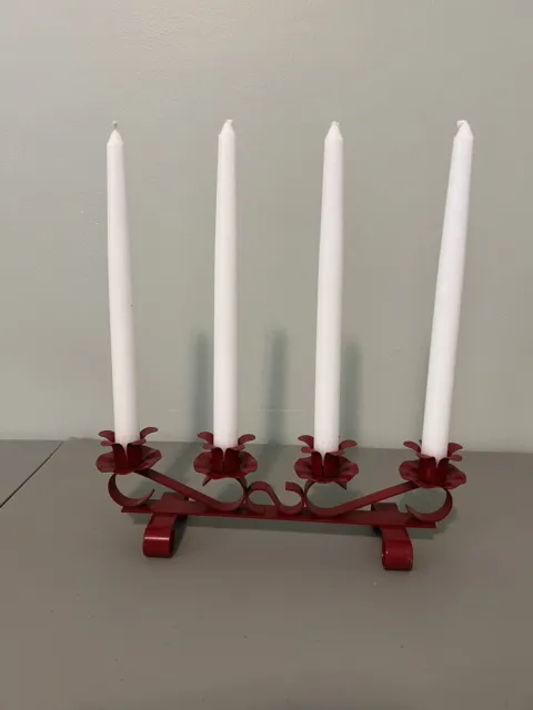 VTG Wrought Iron Hand Forged Scroll Gothic Style Red 4 Tapper  Candle Christmas