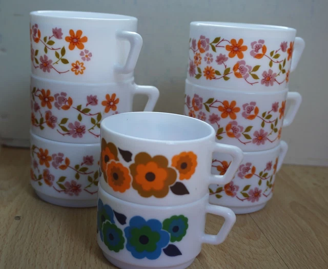 Vintage 7 Tasses à Café Arcopal décor Scania 70 's - 80 's