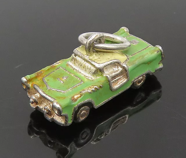 925 Silver - Vintage Green & Yellow Enamel Old Fashion Car Pendant - PT19872