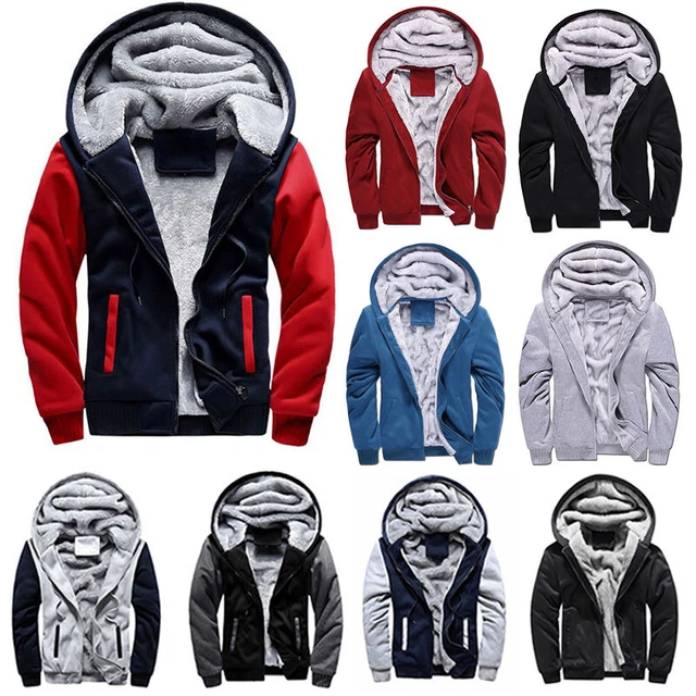 Mens Winter Warm Sherpa Fleece Hoodie Zip UP Jacket Fur Lined Hooded Coat Tops