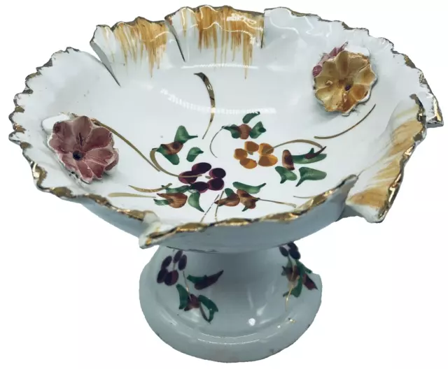 Vintage Majolica Decorated Pedestal Dish - Italian Art Pottery - Clipped Rim