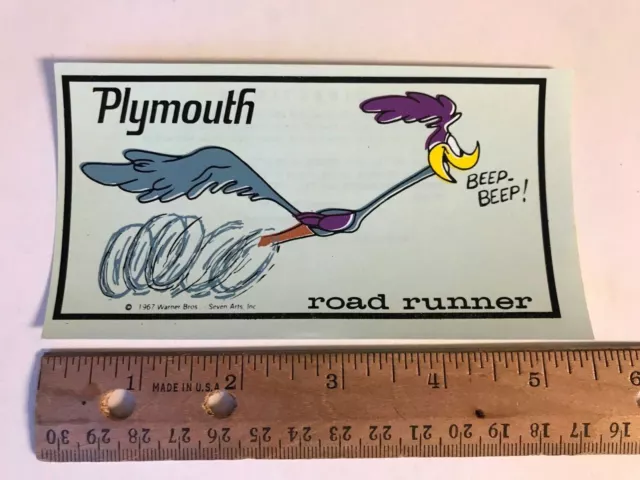 1967 Road Runner Beep Beep Plymouth Mopar Warner Bros rare 5"in old Water Decal