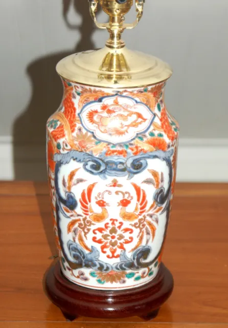 ANTIQUE Japanese IMARI PHOENIX Vase Lamp Meiji 19th C Arita Porcelain Teak Brass