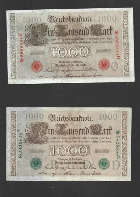 2X1000 Mark Vf-Ef Banknotes  From Germany 1910  Pick-44&45  With Green& Red Seal