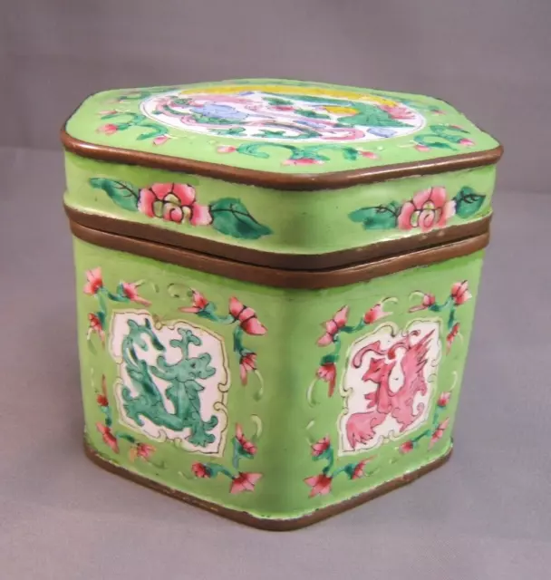 Vintage / Antique  Green & Multicolor Canton Enamel Chinese Tea Box Trinket Box