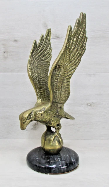 Vintage Large "Solid" Brass Eagle Statue Figure Americana Bird On Marble 11"