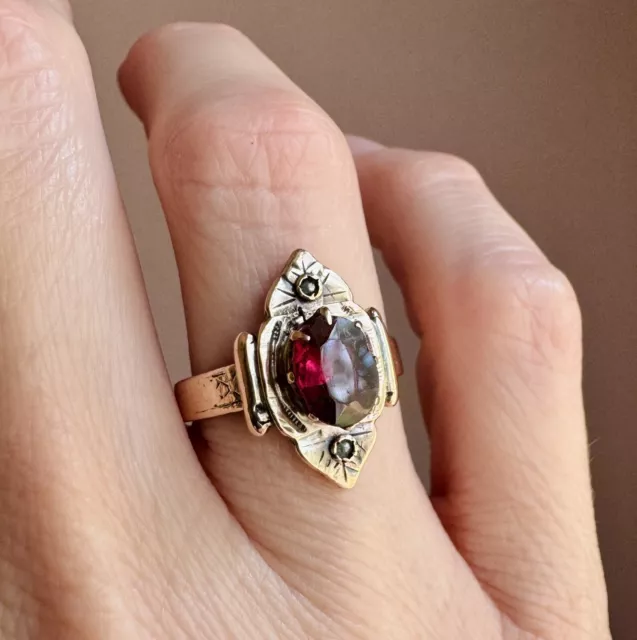 Sweet Antique Victorian 10K Rosy Gold Garnet & Seed Pearl Ring Sz 8 3.4g Estate