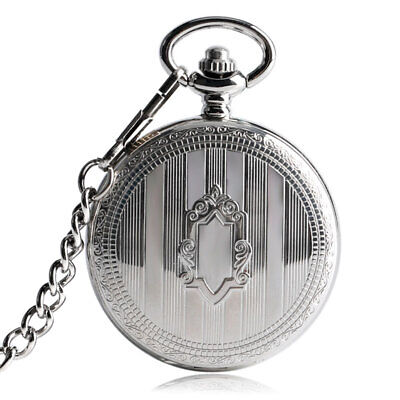 Silver Steampunk Shield Self Winding Skeleton Automatic Pocket Watch Chain Gifts