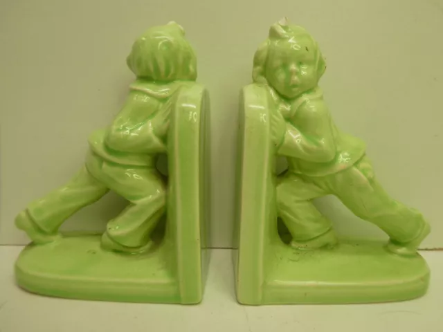 Vintage Pair Deco Pottery Bookends Glaze Statues Elf Pixie Children Figurines