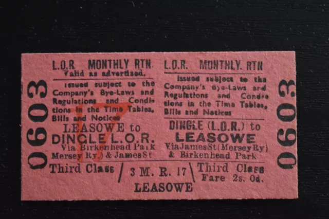 Liverpool Overhead Railway Ticket LOR DINGLE to LEASOWE No 0603 MONTHLY RETURN