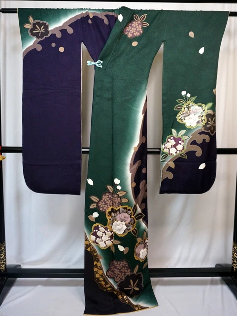 Japanese kimono SILK"FURISODE" long sleeves, Gold leaf, Waves ,Peony, L64".2559