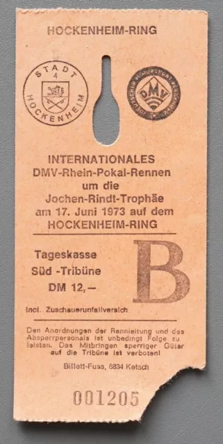 Eintrittskarte DMV Rhein Pokal Rennen Jochen Rindt Hockenheim 1973
