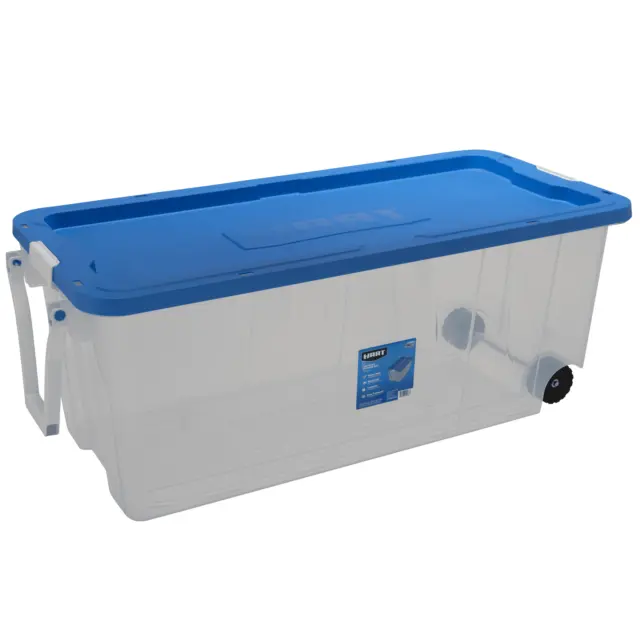 200 Quart Latching Rolling Plastic Storage Bin Container W. Pull Handle, Clear