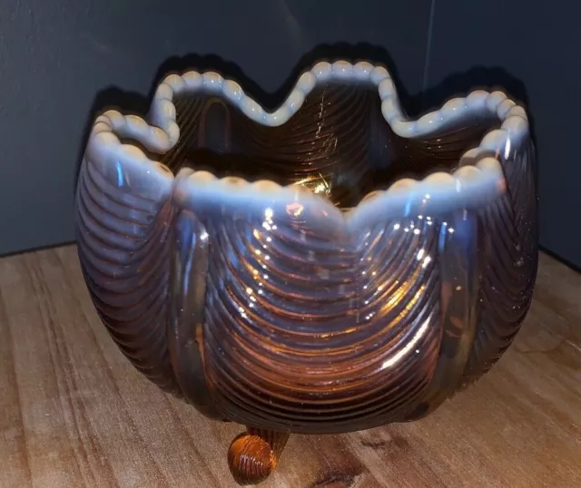 Vintage Fenton Glass Amber Cameo Opalescent 3 Footed Drapery Curtain Rose Bowl