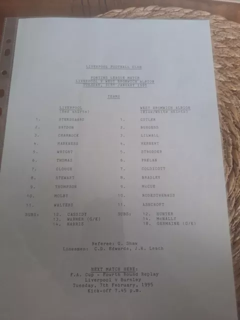 Liverpool v West Brom Reserves Teamsheet 31st January 1995