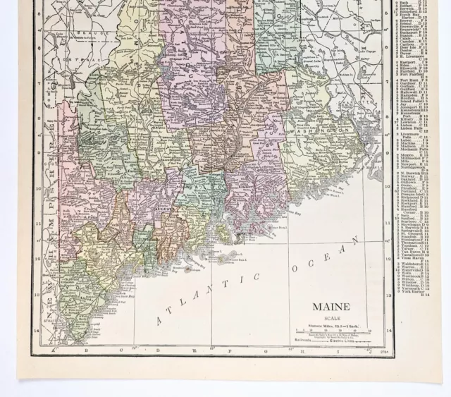 1916 Map Maine County Townships Railroads Portland Alfred Ellsworth Machias